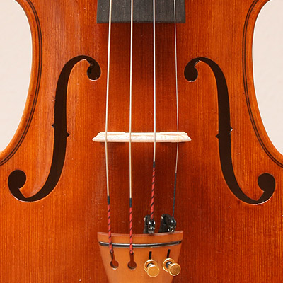 eine Nahaufnahme beider F-Löcher, dem Steg und dem Saitenhalter